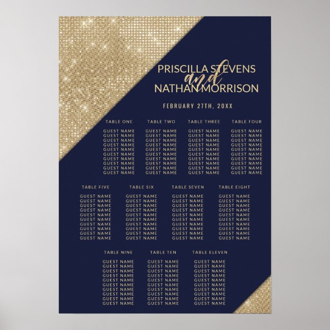 Gold Navy Blue Faux Glitter Sequin Seating Chart (Front)
