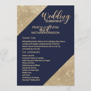 Gold Navy Blue Faux Glitter Sequin Wedding Program