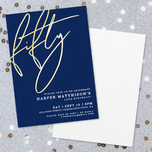 Gold Navy Blue Fifty 50th Birthday Party Foil Invitation