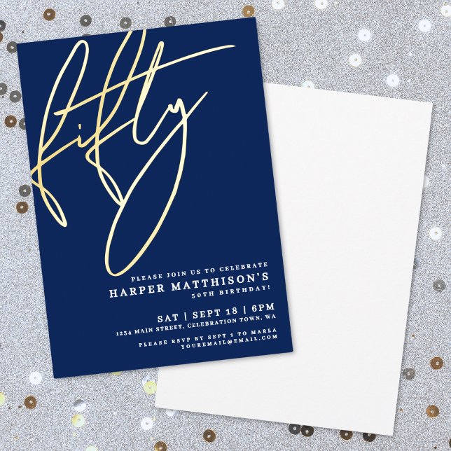 Gold Navy Blue Fifty 50th Birthday Party Foil Invitation (Gold Navy Blue Fifty 50th Birthday Party Foil Invitation)
