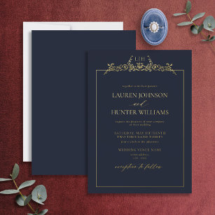 Gold Navy Blue Floral Border Monogram Wedding Foil Invitation