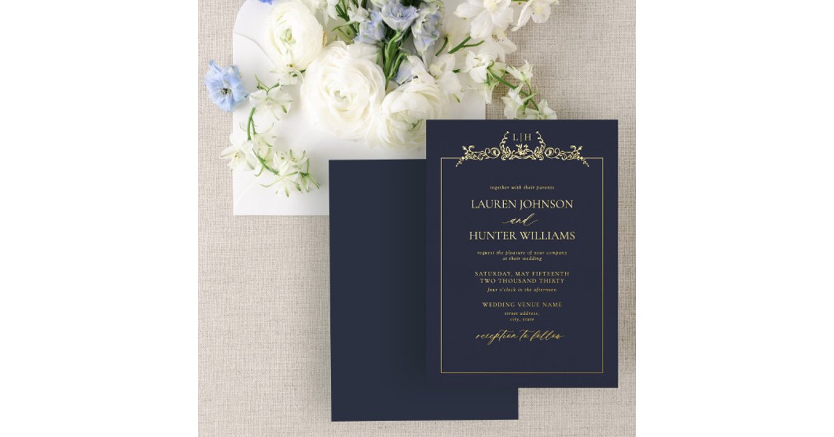 Gold Navy Blue Floral Border Monogram Wedding Foil Invitation | Zazzle