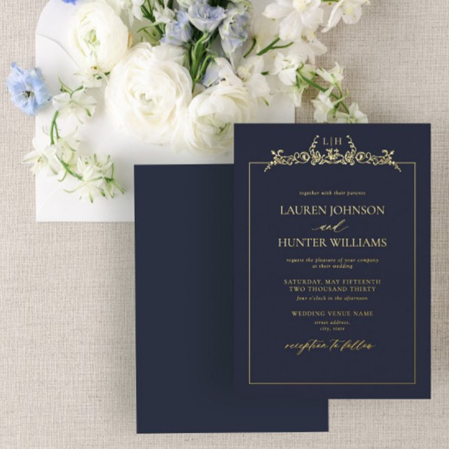 Gold Navy Blue Floral Border Monogram Wedding Foil Invitation (Creator Uploaded)