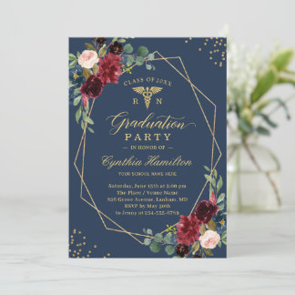 Gold Navy Blue Floral for RN Graduates Graduation Invitation