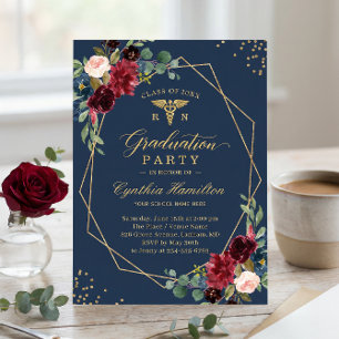 Gold Navy Blue Floral for RN Graduates Graduation Invitation