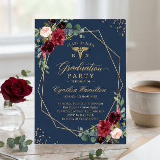 Gold Navy Blue Floral for RN Graduates Graduation Invitation