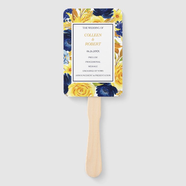 Gold Navy Blue Floral Wedding Hand Fan (Front)