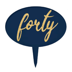Gold Navy Blue "Forty" 40 Birthday Party Glitter Cake Topper
