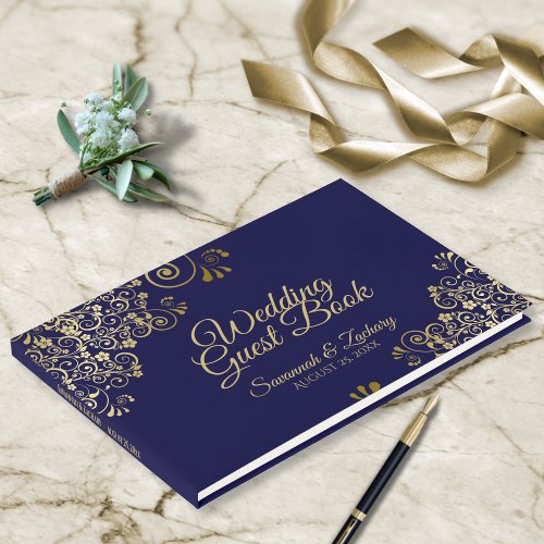 Gold  Navy Blue Frilly Filigree Elegant Wedding Guest Book