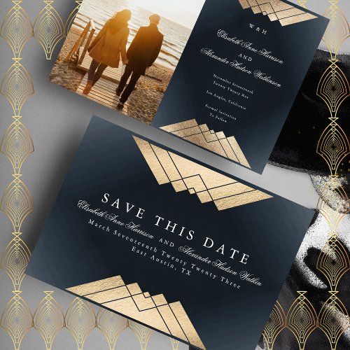 Gold Navy Blue Geometric Gatsby Foil Save The Date Announcement