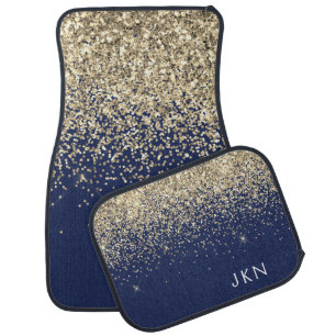 Gold Navy Blue Girly Glitter Sparkle Monogram Name Car Floor Mat