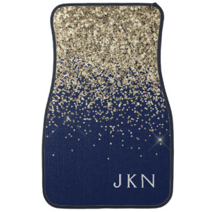 Gold Navy Blue Girly Glitter Sparkle Monogram Name Car Floor Mat
