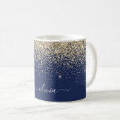 Gold Navy Blue Girly Glitter Sparkle Monogram Name Coffee Mug (Front Right)
