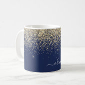 Gold Navy Blue Girly Glitter Sparkle Monogram Name Coffee Mug (Front Left)