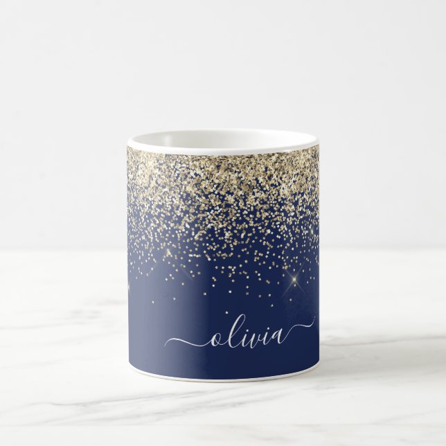 Gold Navy Blue Girly Glitter Sparkle Monogram Name Coffee Mug (Center)