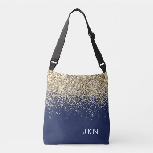 Gold Navy Blue Girly Glitter Sparkle Monogram Name Crossbody Bag