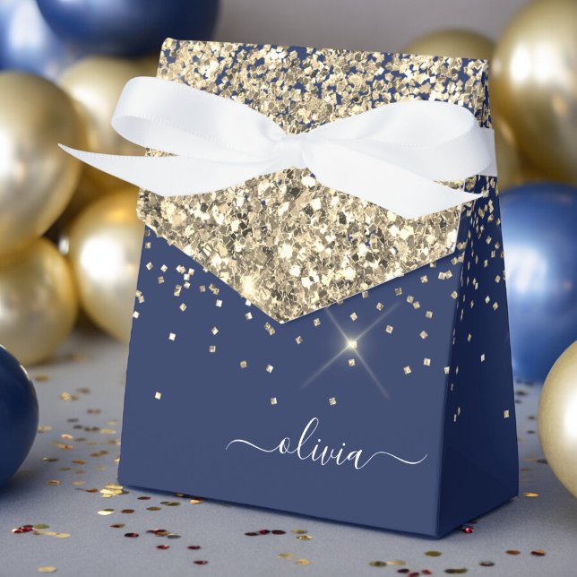 Gold Navy Blue Girly Glitter Sparkle Monogram Name Favor Boxes (Creator Uploaded)