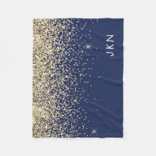 Gold Navy Blue Girly Glitter Sparkle Monogram Name Fleece Blanket