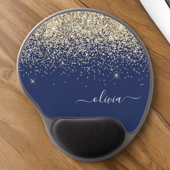 Gold Navy Blue Girly Glitter Sparkle Monogram Name Gel Mouse Pad (Creator Uploaded)