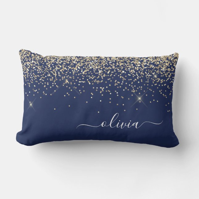 Gold Navy Blue Girly Glitter Sparkle Monogram Name Lumbar Pillow (Front)