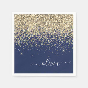 Gold Navy Blue Girly Glitter Sparkle Monogram Name Napkins
