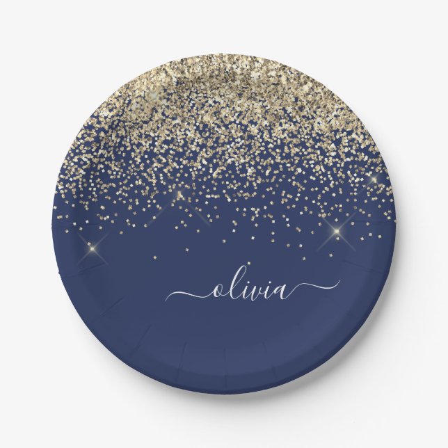 Gold Navy Blue Girly Glitter Sparkle Monogram Name Paper Plates (Front)