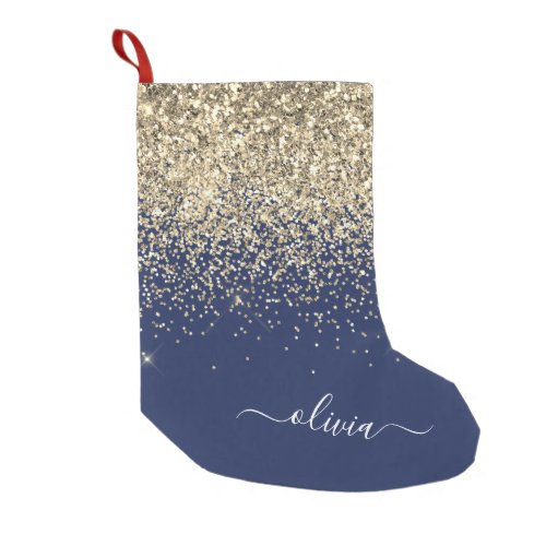 Gold Navy Blue Girly Glitter Sparkle Monogram Name Small Christmas Stocking