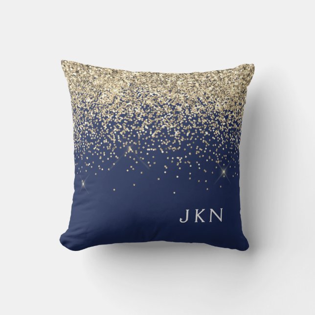 Gold Navy Blue Girly Glitter Sparkle Monogram Name Throw Pillow (Front)