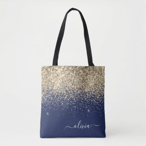 Gold Navy Blue Girly Glitter Sparkle Monogram Name Tote Bag