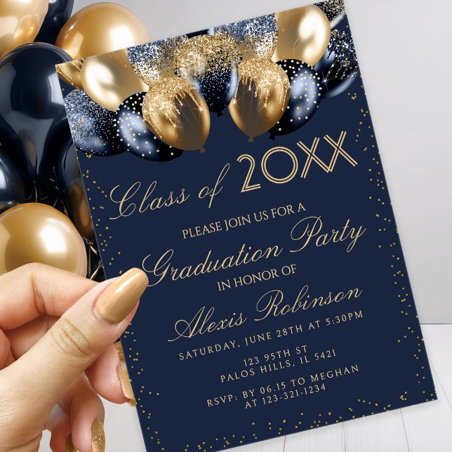 Gold Navy Blue Glitter Balloons Graduation Party Invitation (Creator Uploaded)