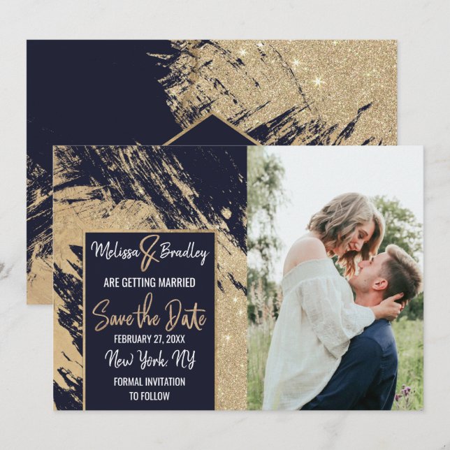 Gold Navy Blue Glitter Brushstrokes Save the Date Invitation (Front/Back)