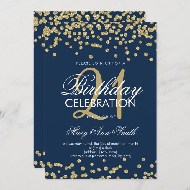 Gold Navy Blue Glitter Confetti 21st Birthday Invitation (Front/Back)