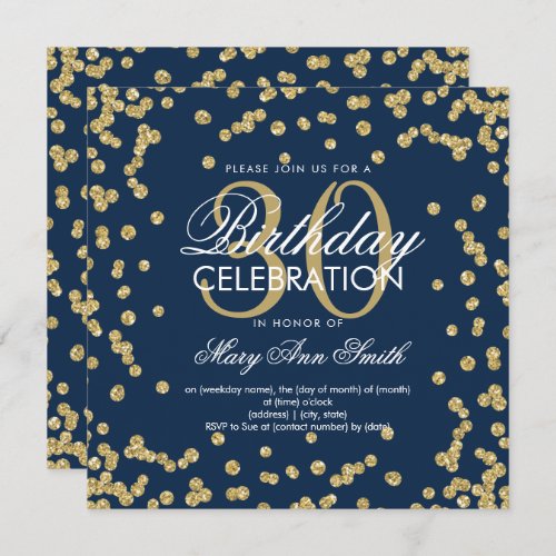 Gold Navy Blue Glitter Confetti 30th Birthday Invitation