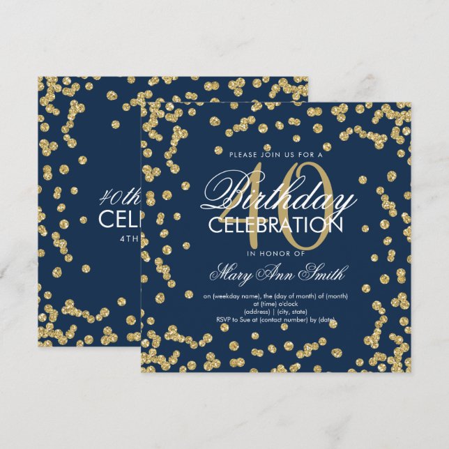 Gold Navy Blue Glitter Confetti 40th Birthday Invitation (Front/Back)