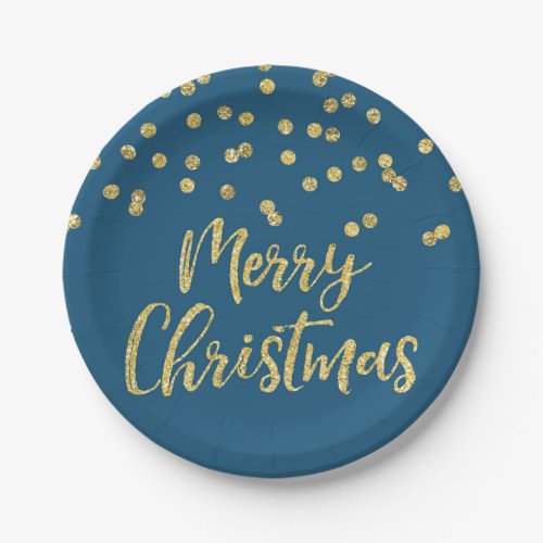 Gold Navy Blue Glitter Confetti Merry Christmas Paper Plates