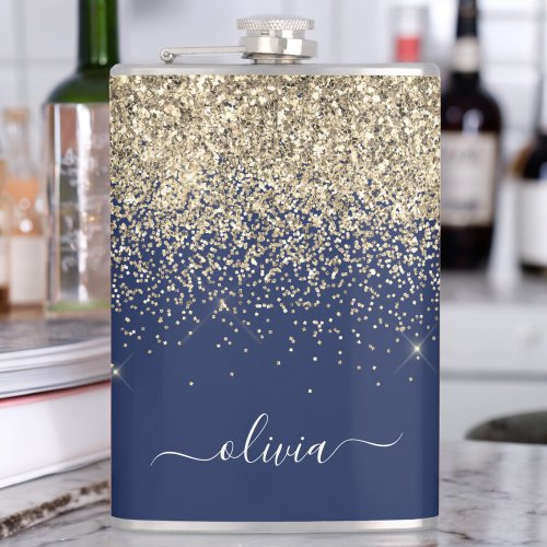 Gold Navy Blue Glitter Custom Monogram Name Flask