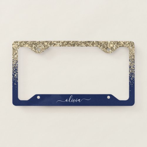 Gold Navy Blue Glitter Glam Monogram License Plate Frame