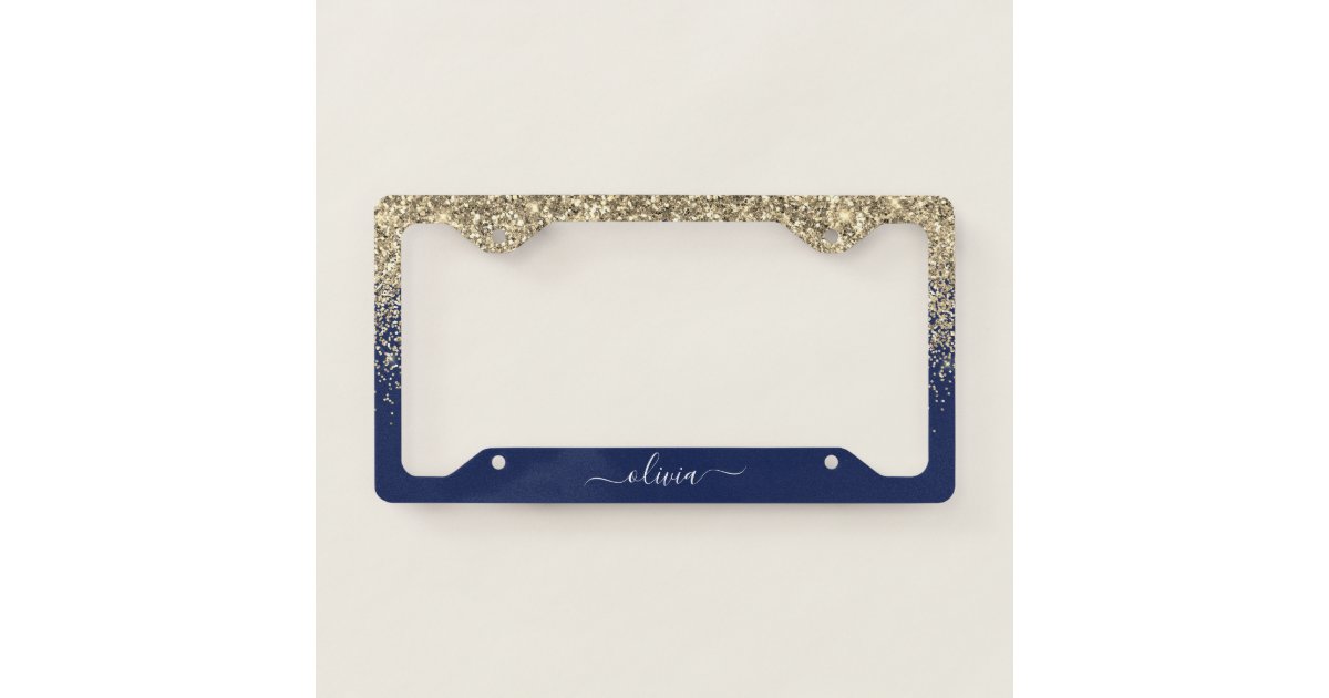 Gold Navy Blue Glitter Glam Monogram License Plate Frame | Zazzle