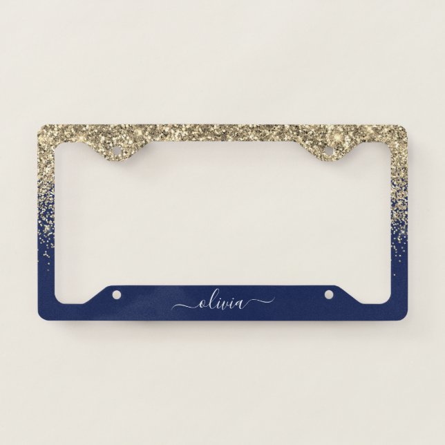Gold Navy Blue Glitter Glam Monogram License Plate Frame (Front)