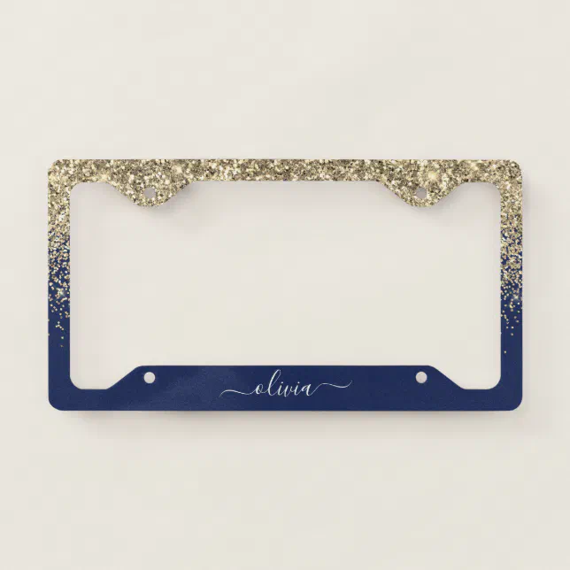 Gold Navy Blue Glitter Glam Monogram License Plate Frame | Zazzle