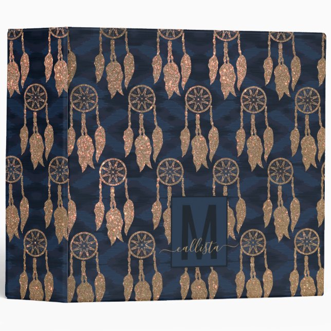 Gold Navy Blue Glitter Ikat Dream Catcher Monogram 3 Ring Binder (Front/Spine)