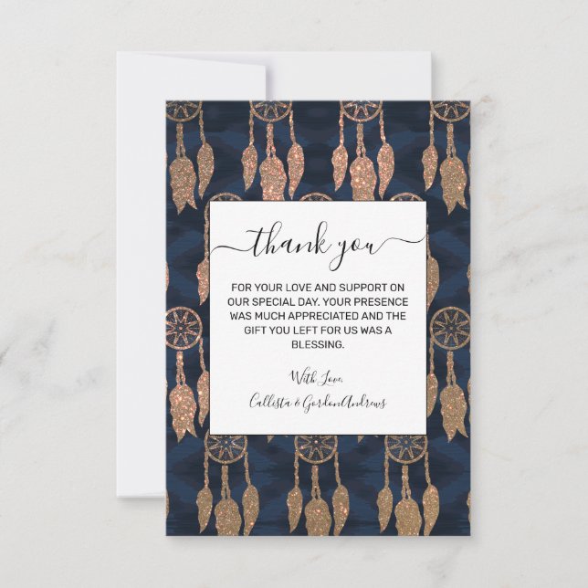 Gold Navy Blue Glitter Ikat Dream Catcher Pattern Thank You Card (Front)