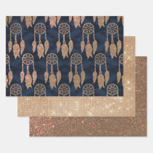 Gold Navy Blue Glitter Ikat Dream Catcher Pattern Wrapping Paper Sheets