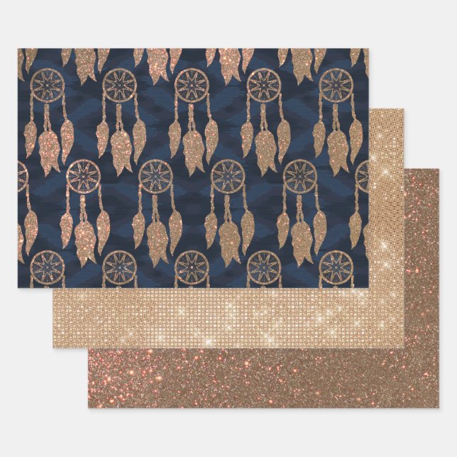Gold Navy Blue Glitter Ikat Dream Catcher Pattern Wrapping Paper Sheets (Set)