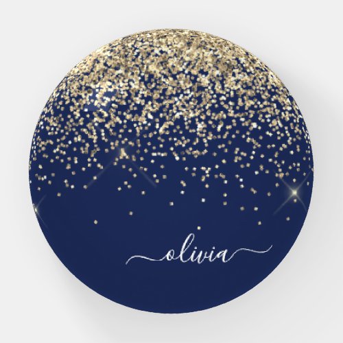 Gold Navy Blue Glitter Metal Monogram Name Paperweight