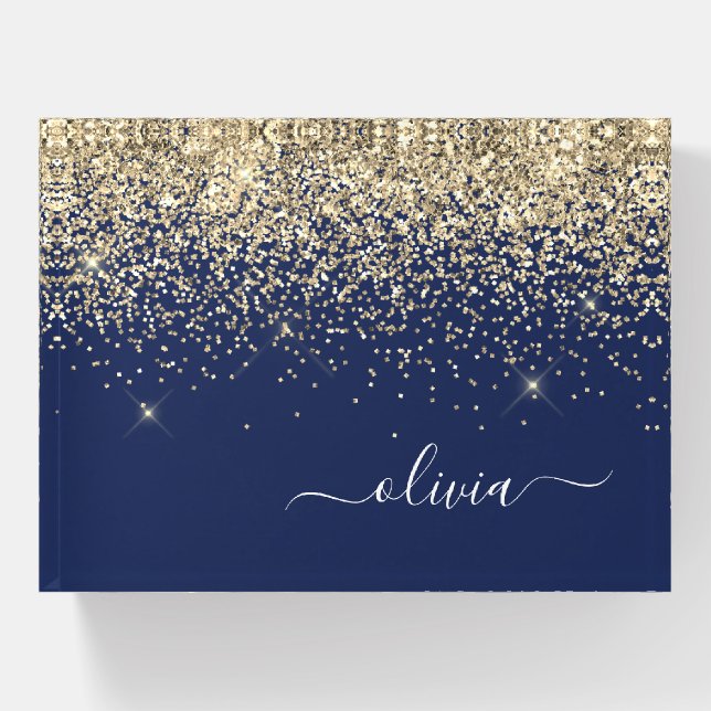Gold Navy Blue Glitter Metallic Monogram Name Paperweight (Front)