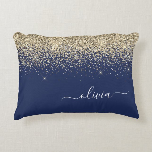 Gold Navy Blue Glitter Script Monogram Girly Name Accent Pillow (Front)
