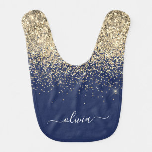 Gold Navy Blue Glitter Script Monogram Girly Name Baby Bib