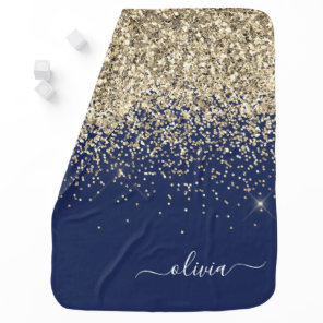 Gold Navy Blue Glitter Script Monogram Girly Name Baby Blanket