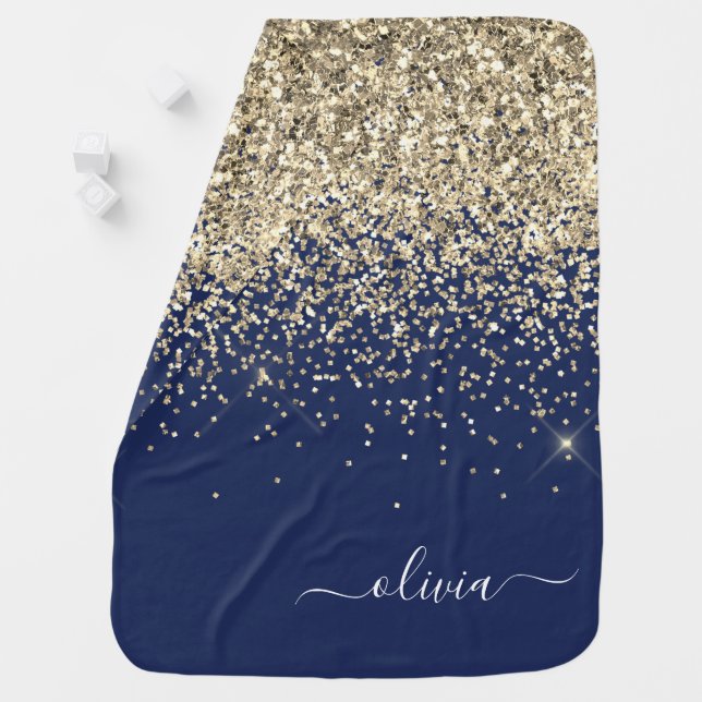 Gold Navy Blue Glitter Script Monogram Girly Name Baby Blanket (In Situ)